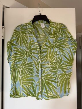 Sigrid Olsen Tropical Leaf Linen Shirt in Green & Light Blue